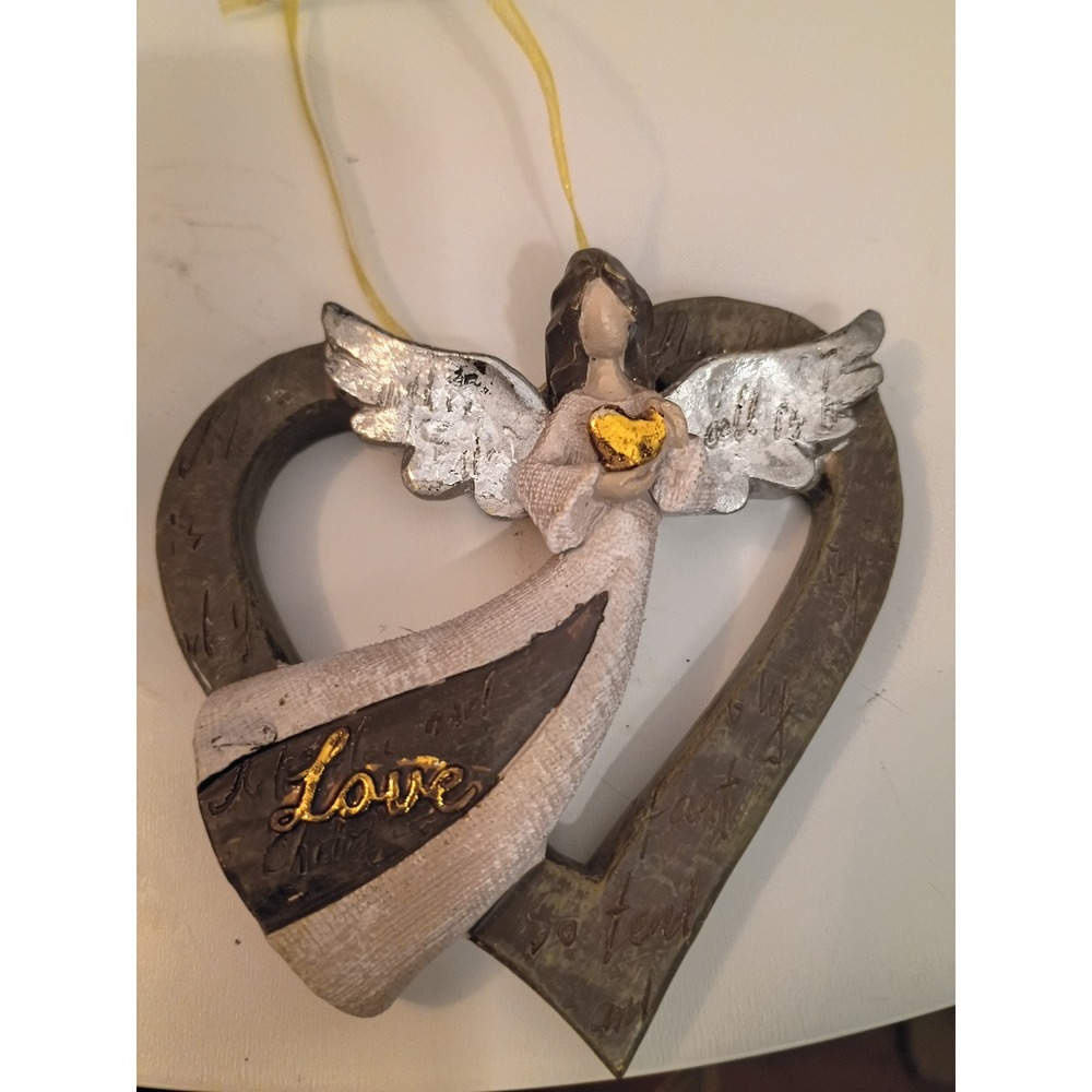 Rustic Guardian Angel Heart Ornament Silver Gold Love Faith Religious Decor